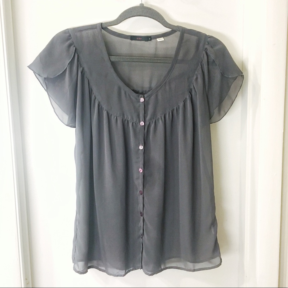 UO Lux Sheer Flutter Sleeve Button Down Blouse